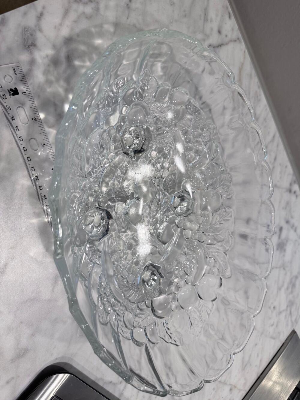 Vintage Clear Pressed Glass Footed Fruit Bowl Grapes Scalloped Oval Centerpiece